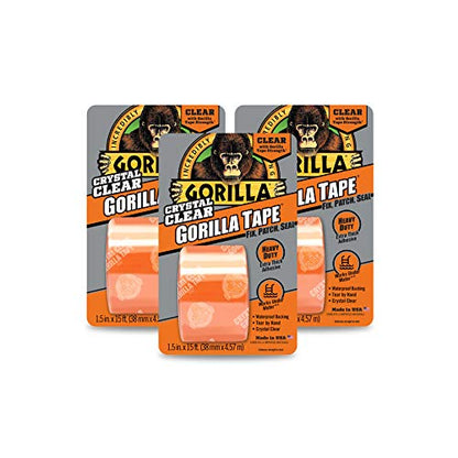 Gorilla Crystal Clear Duct Tape, 1.5" x 5 yd, Clear, (Pack of 3) - size: 3 Pack