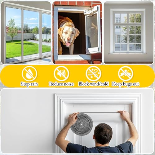 RAINFLOW 16.4Ft Weather Stripping Door Seal - Self-Adhesive Pile Weather Stripping,Seal Strip for Door Frame and Windows,Sound Proof (Grey,0.35" Wide x 0.35" Thick)