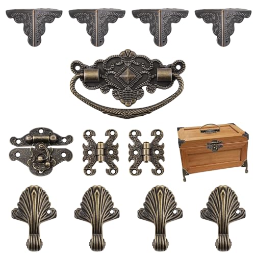 MOROBOR Jewelry Box Antique Lock Latch Hasp Hinges Handle Box Corner Protectors Kit for DIY and Decorative Jewelry Box Bronze, Wood Case Jewelry Chest Feet Leg Corner Protector, Box not Included - color: Bronze