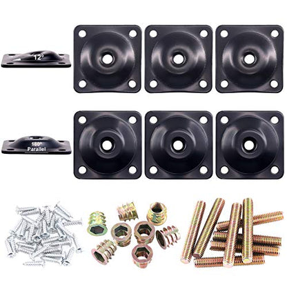 Glarks 8 Sets Black Flat Furniture Leg Mounting Plates Set, 4Pcs Flat and 4Pcs 12 Degree Leg Attachment Plates with 40pcs 5/16" Hanger Bolts Screws for Furniture Sofa Couches Seats
