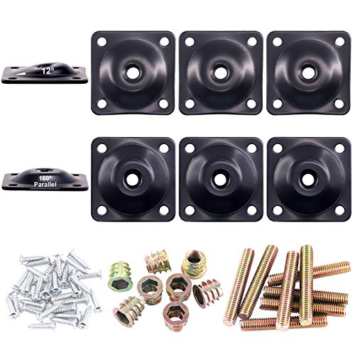 Glarks 8 Sets Black Flat Furniture Leg Mounting Plates Set, 4Pcs Flat and 4Pcs 12 Degree Leg Attachment Plates with 40pcs 5/16" Hanger Bolts Screws for Furniture Sofa Couches Seats