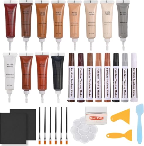 Furniture Wood Repair Kit, Wood Markers for Scratches,12 Colors Wood Fillers for Stains and 8 Colors Furniture Markers Touch-up, Scratch, Cracks, Hole - color: 12 Colors+8 Pens