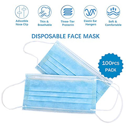 DC-BEAUTIFUL 100 Pcs Blue Disposable 3 Ply Earloop Face Masks,Fit for Adults - color: Blue