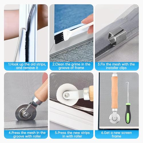Window Screen Repair Kit, Steel/Nylon Roller Tool with Bearing+8pcs Screen Clips+32ft Screen Spline+Spline Removal Hook, 5 in 1 Screen Roller Tool Kit for Installing Door Mesh Screens - size: 5 in 1