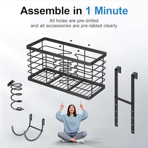 Sevenblue Hair Tool Organizer, 3-in-1 Universal Hair Dryer Holder, Adjustable Height Metal Blow Dryer Holder Wall Mounted/Over Cabinet Door/Free-Standing, 12.2 * 5 * 6.1" (XL Black) - color: XL Black