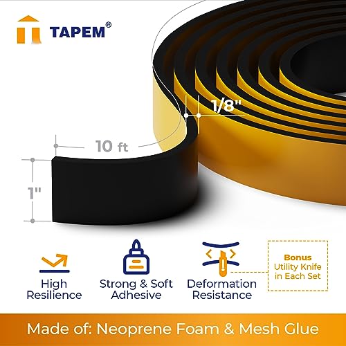 Weather Stripping Door Seal 20 ft - 2 Rolls 10' x 1" x 1/8" - Black Door Seal Strip - Neoprene Foam Tape - Premium Insulation Tape - Foam Insulation for Doors, Windows, Attic Access, Hatches!