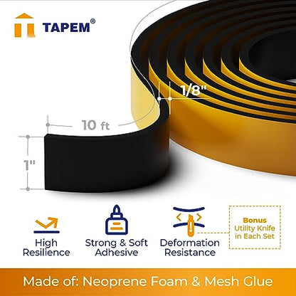 Weather Stripping Door Seal 20 ft - 2 Rolls 10' x 1" x 1/8" - Black Door Seal Strip - Neoprene Foam Tape - Premium Insulation Tape - Foam Insulation for Doors, Windows, Attic Access, Hatches!