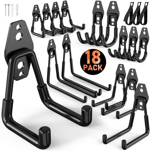 Housolution Steel Garage Hooks - 18Pack Anti-Slip Coating, Heavy Duty Wall Mount Hooks for Bikes, Garden Tools, Ladders, Hose, Bulk Items Ropes, Garage Tool Organizer with Extension Cord Wrap, Black - color: Black, size: 18 Pack