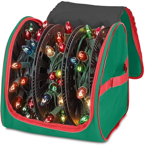 Premium Christmas Light Storage Bag – Heavy-Duty 600D Tear-Proof Material with Reinforced Handles – Includes 3 Reels, Stores up to 375 Ft of Mini Lights & Extension Cords – Green with PVC Lining - color: Green