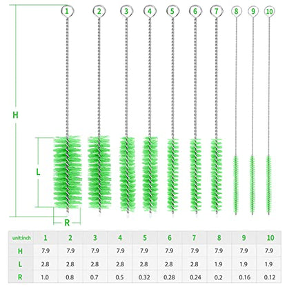 CiaraQ Bottle Cleaning Brushes, 8 Inch Nylon Tube Brush Set, Cleaner for Narrow Neck Bottles Cups with Hook, Set of 10pcs. - color: Green, size: 8.0 Inch (10pcs)