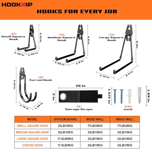 Pack 13 Garage Hooks Heavy Duty | Multi-Sized Wall-Mounted Tool Hangers with Anti-Rust PVC Coating | Heavy Duty Wall Hooks for Bikes, Ladders, Garden Tools, and More with Garage Wall Organizer