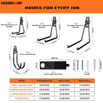 Pack 13 Garage Hooks Heavy Duty | Multi-Sized Wall-Mounted Tool Hangers with Anti-Rust PVC Coating | Heavy Duty Wall Hooks for Bikes, Ladders, Garden Tools, and More with Garage Wall Organizer