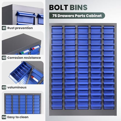 Large Parts Cabinet : 75-Drawer Nut and Bolt Organizer with ABS Drawers, Adjustable Dividers, Labels, 860-Pound Capacity for Hardware Storage (26x9x35In) - size: 75-Drawer