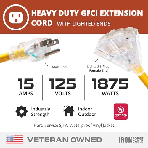 IRON FORGE CABLE 25 Foot Lighted Outdoor Extension Cord with 3 Electrical Power Outlets - 12/3 SJTW Heavy Duty Yellow Extension Cable with 3 Prong Grounded Plug for Safety, 15 AMP - size: 25 Foot, style: 1 Pack