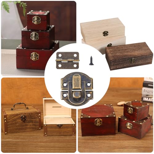 2 Sets Antique Bronze Wooden Box Hinges and Latches Metal Retro Small Decorative Latches Hook Hinge Kit with 24Pcs Matching Screws for DIY Craft Project Wood Jewelry Boxes Cabinet