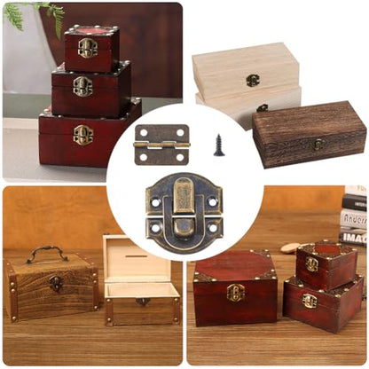 2 Sets Antique Bronze Wooden Box Hinges and Latches Metal Retro Small Decorative Latches Hook Hinge Kit with 24Pcs Matching Screws for DIY Craft Project Wood Jewelry Boxes Cabinet