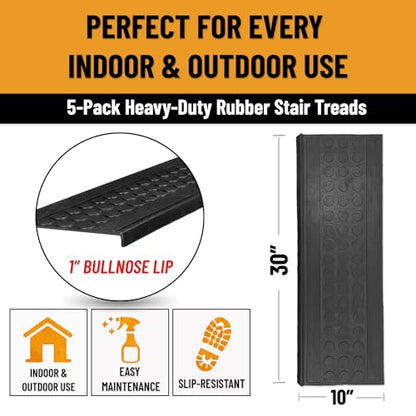 Ottomanson Bullnose Stair Treads Outdoor – Coin Heavy-Duty Non-Slip Stair Mats – Best Grip on Concrete, Brick & Textured Step – Fastening Required for Wooden & RV Steps, Pack of 5 - color: Black Coin - Bullnose