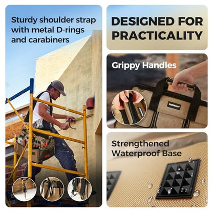 COMOWARE 19-Pocket Tool Bag, 16“ Heavy Duty Tool Organizer with Adjustable 51.2" Shoulder Strap, 1680D Oxford Fabric & PVC Coating, Reflective Strips, Tactical Loops, Mechanics, DIY - color: Khaki