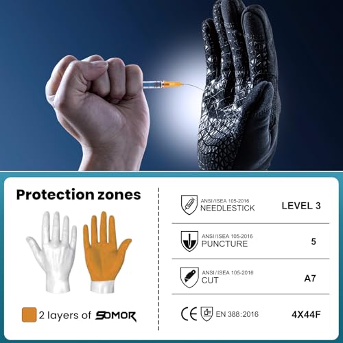 TAILI Level 3 Needle, Level 5 Puncture Resistant Men Work Gloves, Grip Enhanced A7 Cut Resistant Safety Gloves, Touchscreen and Breathable, Black, Large (L), 1 Pair - size: Large, style: Needle-resistant, Cut-resistant