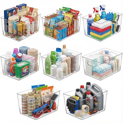 MOONEDGE 8 Pack Clear Plastic Storage Bins, 12 x 8 x 6in Stackable Pantry Organizer Cabinet Containers for Under-Sink Storage, Kitchen, Fridge, Bathroom and Home Organization - color: Large 8 Pack