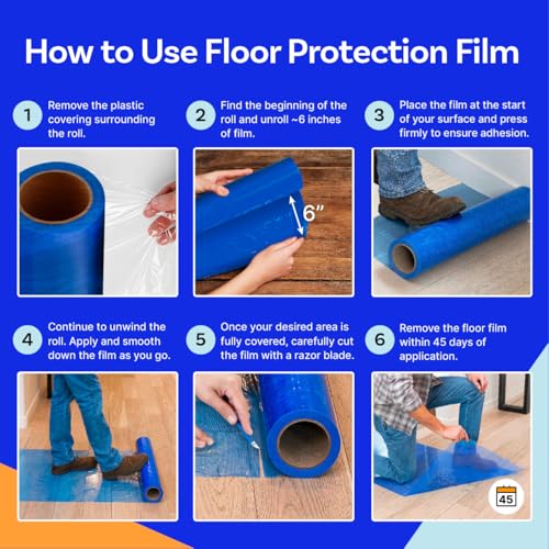Floor Protection Film, 48 inch x 500' roll, Made in USA, Blue Self Adhesive Floor Protector for Moving and Construction, Temporary Covering for Protection of Hardwood, Tile, Hard Surfaces