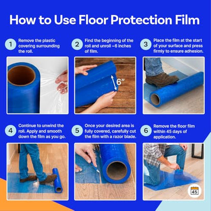 Floor Protection Film, 48 inch x 500' roll, Made in USA, Blue Self Adhesive Floor Protector for Moving and Construction, Temporary Covering for Protection of Hardwood, Tile, Hard Surfaces
