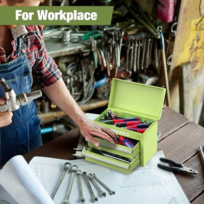 WORKPRO Mini Metal Tool Box with 2 Drawers and Top Storage, Small Tool Chest with PVC Liners and PP Feet Pads, Cold Rolled Steel Toolbox with Magnetic Tab - color: Macaron Green