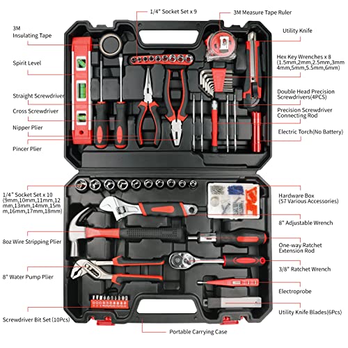 120 Piece Basic Tool Set General Household Hand Kit with Plastic Toolbox Storage Case Red & Black for Men &Women - style: 120Pcs(Red)
