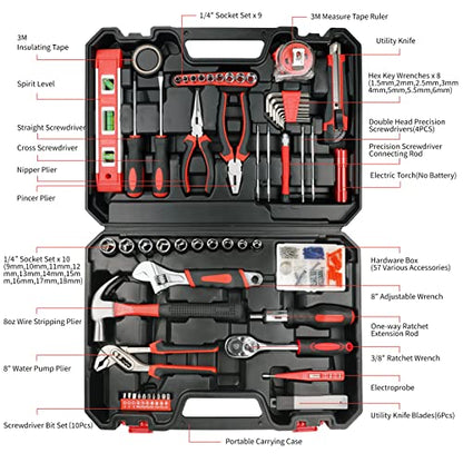 120 Piece Basic Tool Set General Household Hand Kit with Plastic Toolbox Storage Case Red & Black for Men &Women - style: 120Pcs(Red)