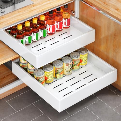 Pull out Cabinet Organizer, 21"Deep, 16.9"Wide Full-Extension Heavy Duty Slide out Drawers with Nano Adhesive, Roll Out Shelf Sliding Cabinet Storage for Kitchen, Bathroom, Pantry, Under Sink(White) - color: White, size: 16.9"wide-21"deep (1pack）
