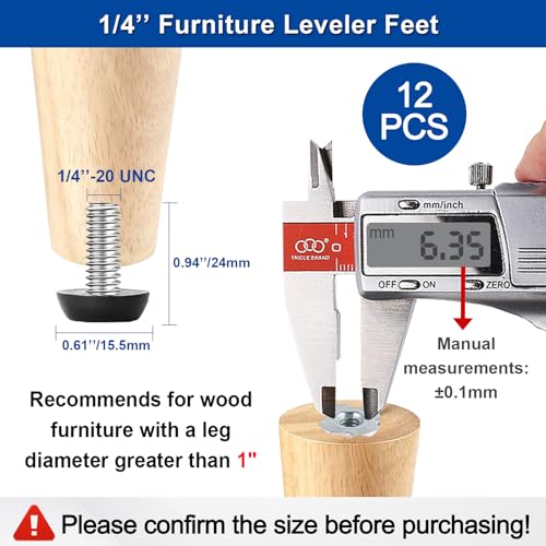 WAFJAMF Adjustable Furniture Levelers Screw in Threaded, Adjustable Levelers Feet Screw On Furniture Glide Leveling for Table, Chair, Furniture Legs (1/4-12PCS) - size: 1/4"-12PCS-No Inserts