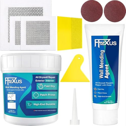 Drywall Repair Kit – 4.23 oz Tube + 8.47 oz Putty Jar with 2×2″&4×4″ Wall Patch Mesh, Dual Scrapers & 2 Sandpapers| Fast-Dry Spackle & Sheetrock Crack Filler for Wall, Ceiling, Plaster Repair - color: 2 Pack & Wall Patches