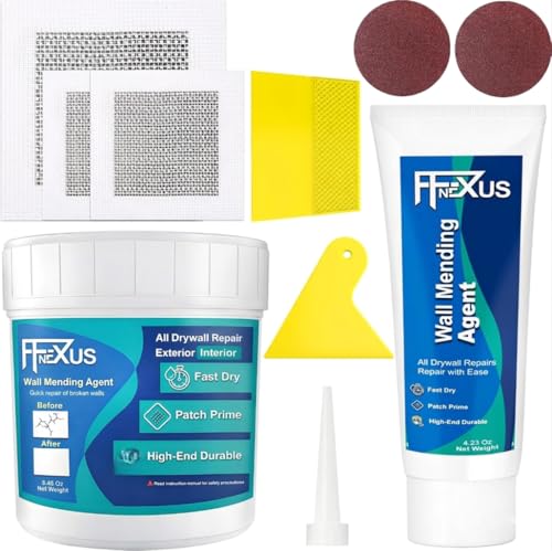 Drywall Repair Kit – 4.23 oz Tube + 8.47 oz Putty Jar with 2×2″&4×4″ Wall Patch Mesh, Dual Scrapers & 2 Sandpapers| Fast-Dry Spackle & Sheetrock Crack Filler for Wall, Ceiling, Plaster Repair - color: 2 Pack & Wall Patches