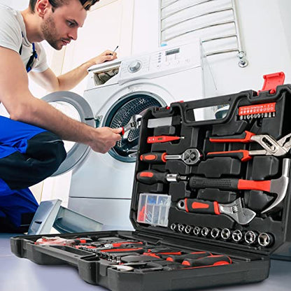120 Piece Basic Tool Set General Household Hand Kit with Plastic Toolbox Storage Case Red & Black for Men &Women - style: 120Pcs(Red)