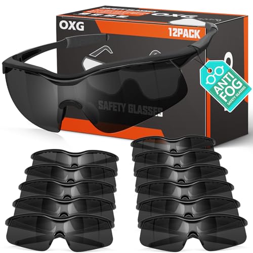 OXG 12 Pack Anti Fog Safety Glasses for Men, ANSI Z87.1 Safety Goggles Impact Scratch Resistant Eye Protection for Work - color: Grey