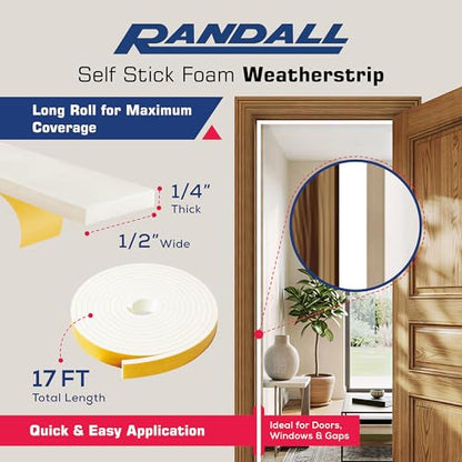 Weather Stripping Foam Tape, 17 Ft Door Seal Strip, EVA Material, High Density 1/4" Thick, No Residue Adhesive, Weatherproof Door Seal Strip for Sliding Door, Windows, White (1/2" Wide) - size: 1/2" Wide