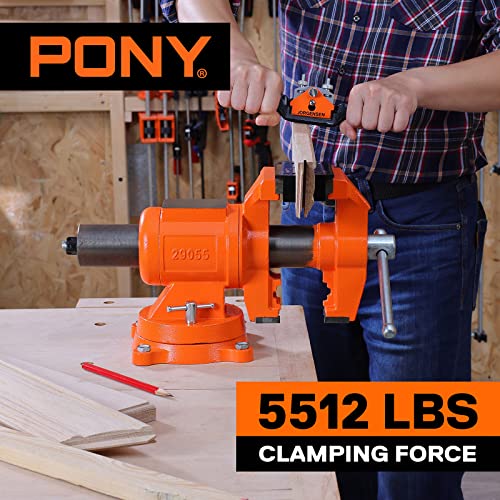 PONY Heavy Duty Bench Vise, 5-inch Jaw Width and Opening, 360-Degree Swivel Base With Anvil, Utility Combination Pipe Home Vise for Woodworking, One-Pair Vise Jaw Pad Included - style: 5-inch Jaw Opening