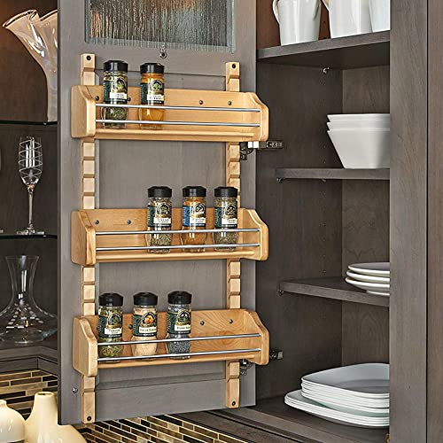 Rev-A-Shelf Pullout Wall Storage Organizer for Kitchen Cabinets, Sliding Door Mounted Spice Rack with 3 Adjustable Shelves, Maple Wood, 4ASR-15 - size: 10.13 Inches