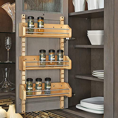 Rev-A-Shelf Pullout Wall Storage Organizer for Kitchen Cabinets, Sliding Door Mounted Spice Rack with 3 Adjustable Shelves, Maple Wood, 4ASR-15 - size: 10.13 Inches