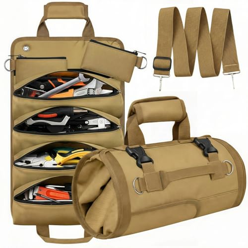 Sellign Roll Up Tool Bag，Heavy Duty Tool Storage Organizer，Portable rolling tool box with Small Pockets Official Rollable Toolbag, Father Day Gifts for Him Dad Men Mechanic Welding Rollup(Khaki ） - color: Khaki