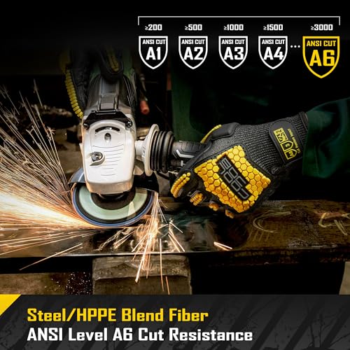COOLJOB A6 Cut Resistant Anti Vibration Work Gloves Men, TPR Impact Reduce Mittens, Palm Rubber Patch Shock Absorption, M-2XL - size: Large