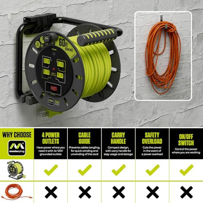 Masterplug 60ft Cord Reel, Retractable Extension Lead with Winding Handle, Safety Overload Circuit Breaker and Power Switch, 4X Grounded Outlets, 13amps, 14AWG Cable - size: 60ft