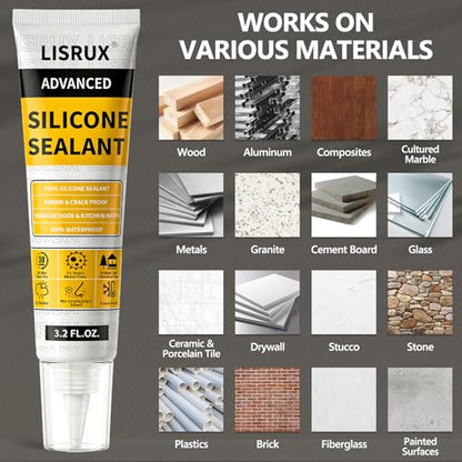 LISRUX Advanced White Silicone Caulk for Kitchen & Bathroom - 6 Pack (3.2 Fl Oz Each) | 100% Waterproof Silicone Sealant | Super Strong Adhesion, Shrink & Crack Proof - size: White-6p