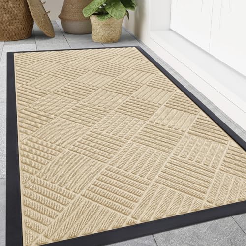 Smiry Front Door Mat Outside Entrance, Heavy Duty Outdoor Indoor Natural Rubber Doormat, Non Slip, Trap Dirt and Moisture, Easy Clean, Low Profile Patio Porch Entryway Mat, 59x35, Beige - color: Beige, size: 59" X 35"