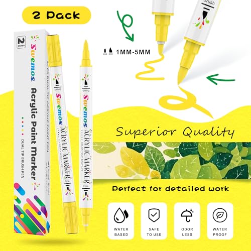 Swemos 2Pcs Yellow Acrylic Paint Pens Markers, Dual Tip with Fine Tip and Brush Tip Pens Acrylic Paint Markers Waterproof Acrylic Markers Set for Rock, Canvas Stone, Wood, Glass, Metal (YELLOW, 2) - style: YELLOW