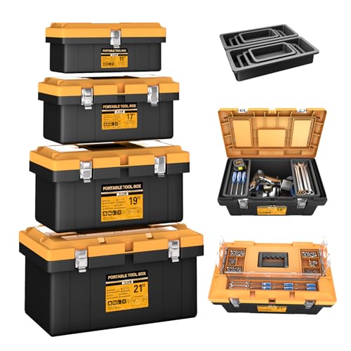 Tool Box | 4 In 1 Toolbox Set | 8 Removable Tool Box Organizers | 15”+17”+19”+21” | Lockable Portable Tool Boxes | Mini/Small/Large Toolboxes | Garage Storage Tools | Home/Professional | Hand/Power