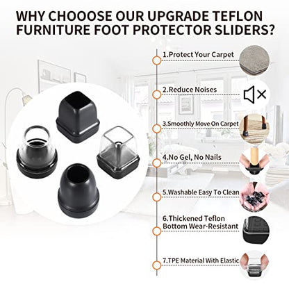 Ezprotekt 24 Pcs Chair Sliders for Carpet, Square Chair Glides for Carpet, Teflon Furniture Pads Glides, Bar Stool Protectors Caps, Furniture Sliders for Chair Table Desk Black (S Fit: 0.55"- 0.75") - size: S - Black