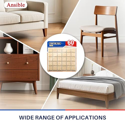 Ansible 60 PCS Felt Furniture Pads 1", Felt Pads for Chair Leg Floor Protectors for Hardwood Floors Square (Beige) - size: 60 PCS 1" Beige, Square