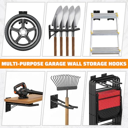 12.6'' Heavy Duty Garage Hooks, 4 Pack Garage Storage Hooks with Support Rods, Utility Wall Mount Hangers for Power Tools, Car Tires, Ladders, Chairs, Garden Tools and More