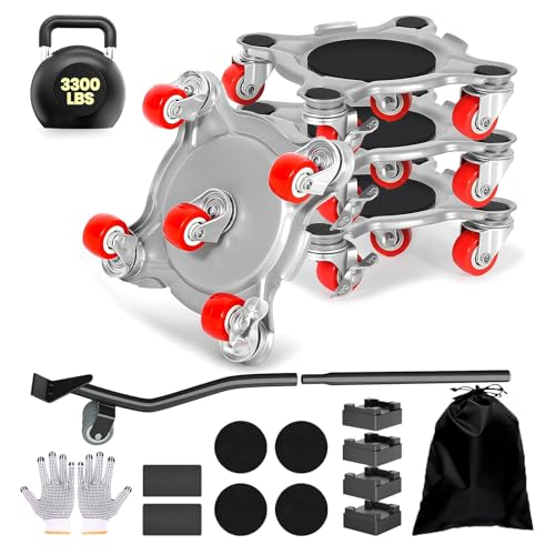 3300 lbs Load Capacity-Furniture Dolly, Carbon Steel Panel Furniture Movers with 5 Wheels, Locking 360° Swivel Rubber Casters, Furniture Lifter, Heavy Duty Furniture Sliders, Easily Move Furniture - color: Red Wheel